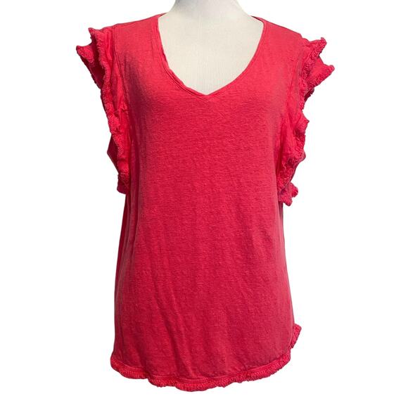 Chicos Linen Flutter Sleeve Top Size 3 (XL) Pink V-Neck - Picture 2 of 9